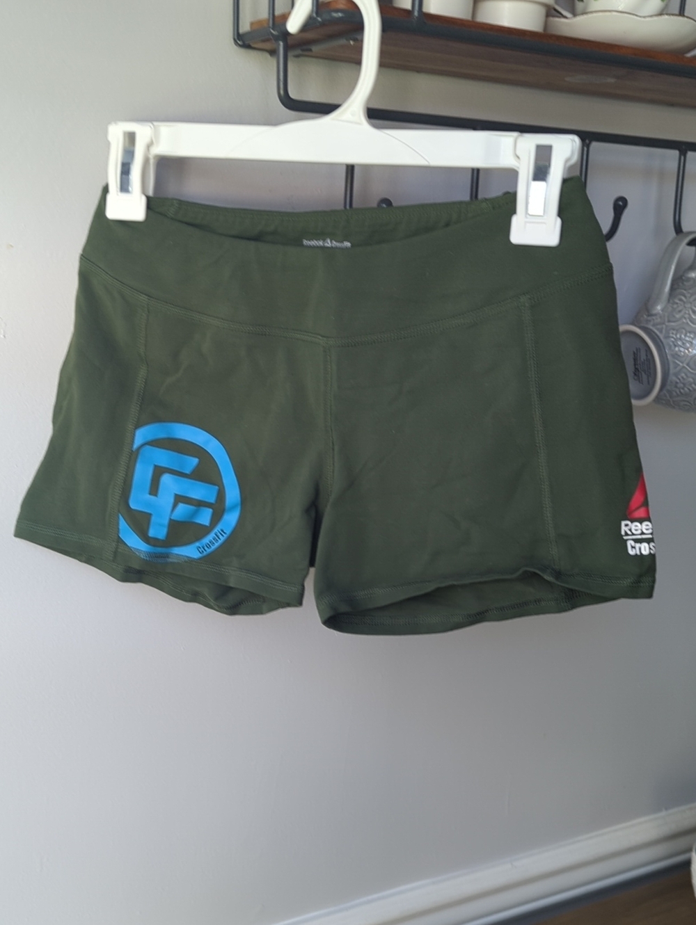Reebok Women’s Olive Green CrossFit Training Shorts with Blue Logo